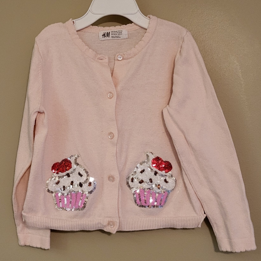 H&M light link cardigan with sequin cupcake design